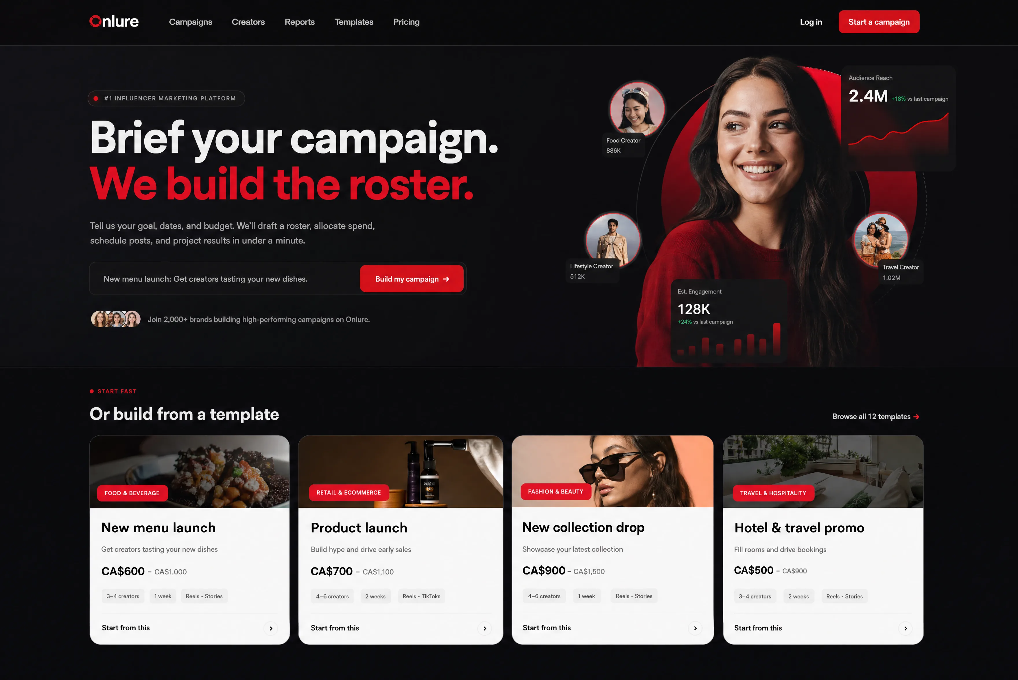 Onlure Campaign Launcher with AI-built creator roster and ready-made templates
