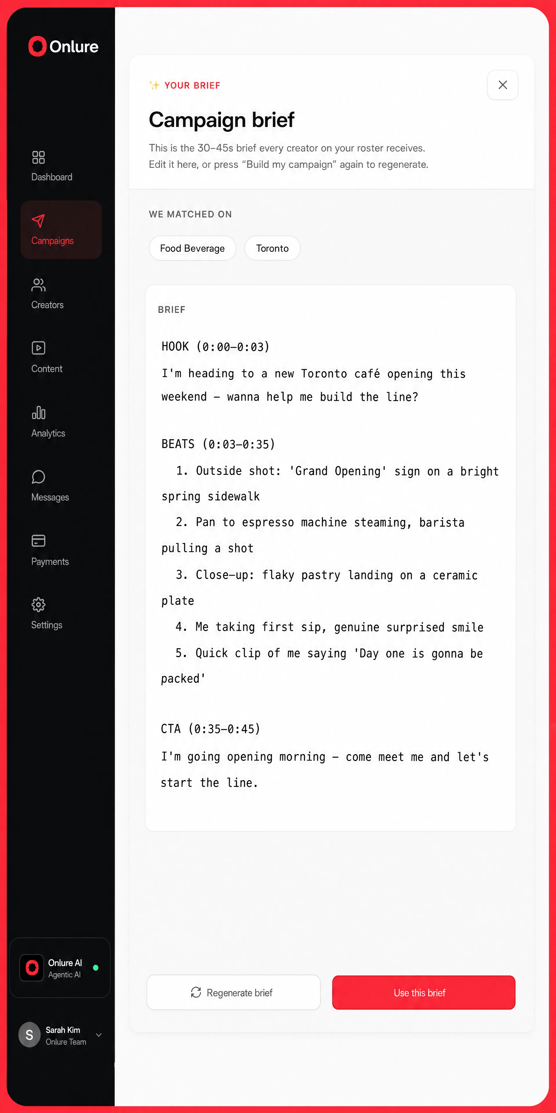 Onlure auto-generated campaign brief with hook, beats, and CTA